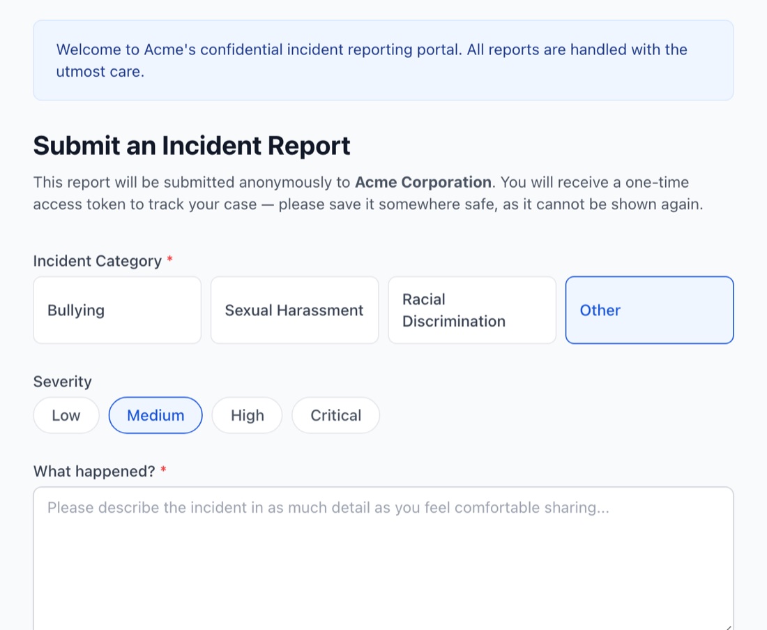 The EthosHub anonymous report form, explaining that the report will be submitted anonymously and that a one-time access token will be shown once.